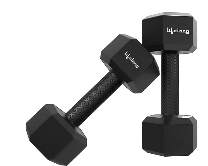 Lifelong PVC Hex Dumbbells Pack of 2 (5kg*2) Black Color for Home Gym Equipment Fitness Barbell|Gym Exercise|Home Workout, Gym Dumbbells|Dumbbells Weights for Men & Women (6 Months Warranty)