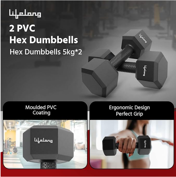 Lifelong PVC Hex Dumbbells Pack of 2 (5kg*2) Black Color for Home Gym Equipment Fitness Barbell|Gym Exercise|Home Workout, Gym Dumbbells|Dumbbells Weights for Men & Women (6 Months Warranty) - Image 2