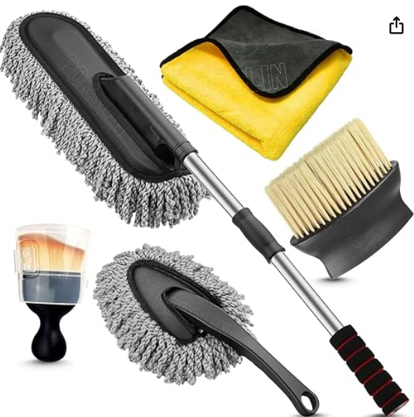 Porslin 5 Pcs Microfiber Car Duster Kit - Extendable Long handle Car Cleaning Accessories - Interior & Exterior Detailing Brush Set - Scratch & Lint Free,Perfect for Cars,SUVs,Motorcycles,Home,Grey